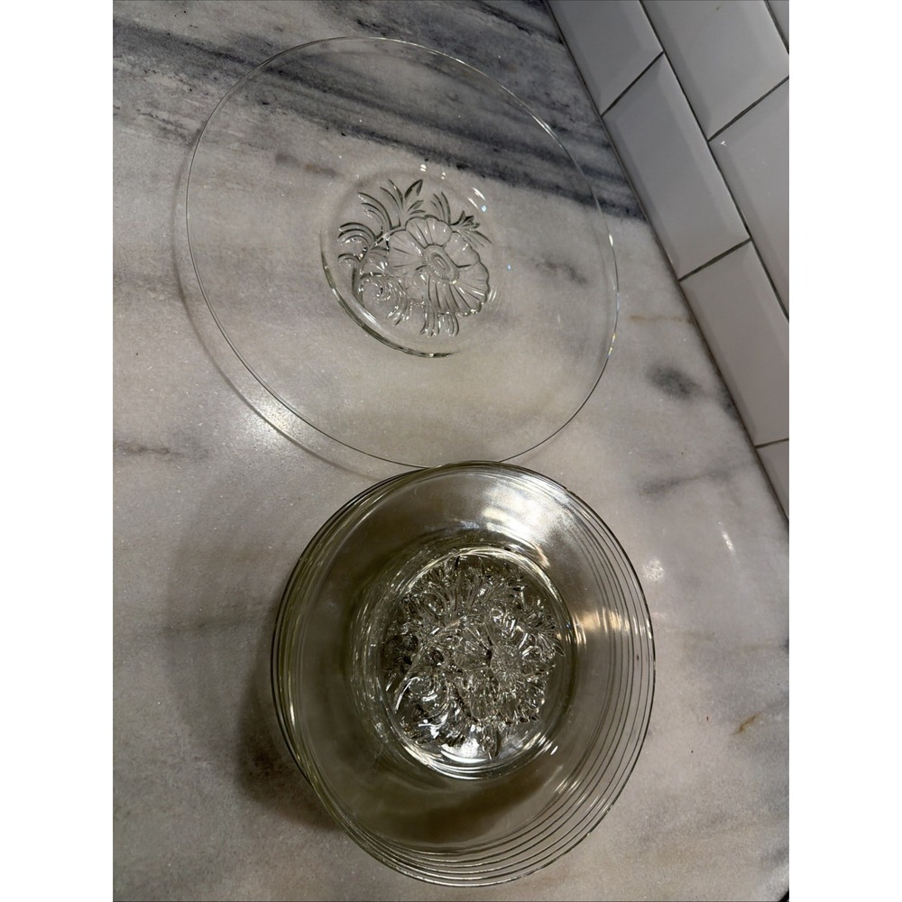 Vtg‎ Jeannette Glass Camellia Clear Round 12in Cake Platter& 7 8.5in Plates 009